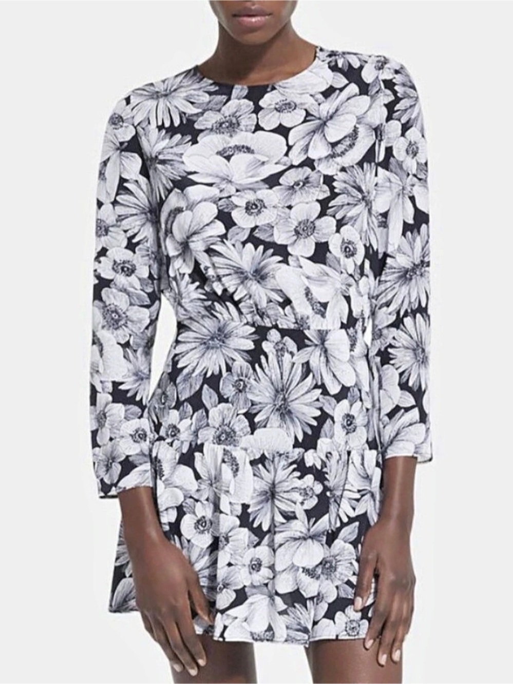 The Kooples Short Floral Silk Dress Floral Mini Dress in Black & White  UK 10